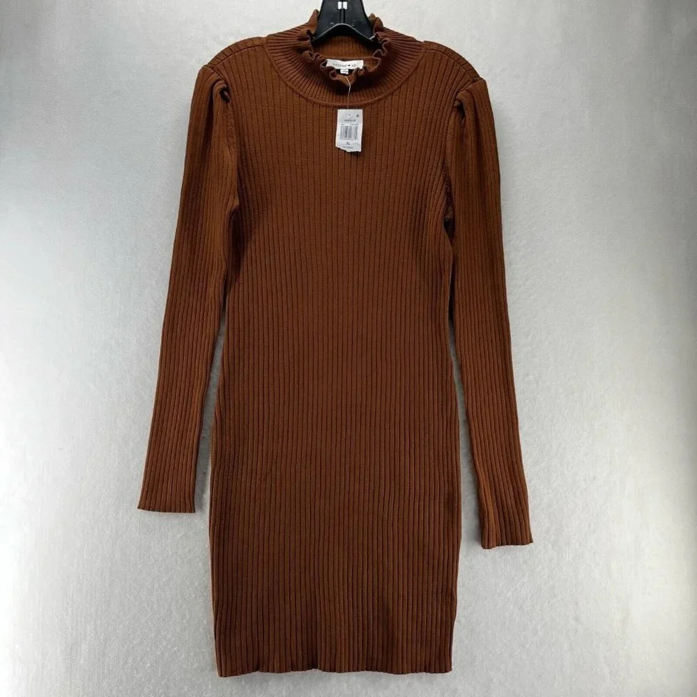 Hooked Up Sweater Dress Sz XL Ribbed Bodycon Mini Mock Neck Long Sleeve Brown